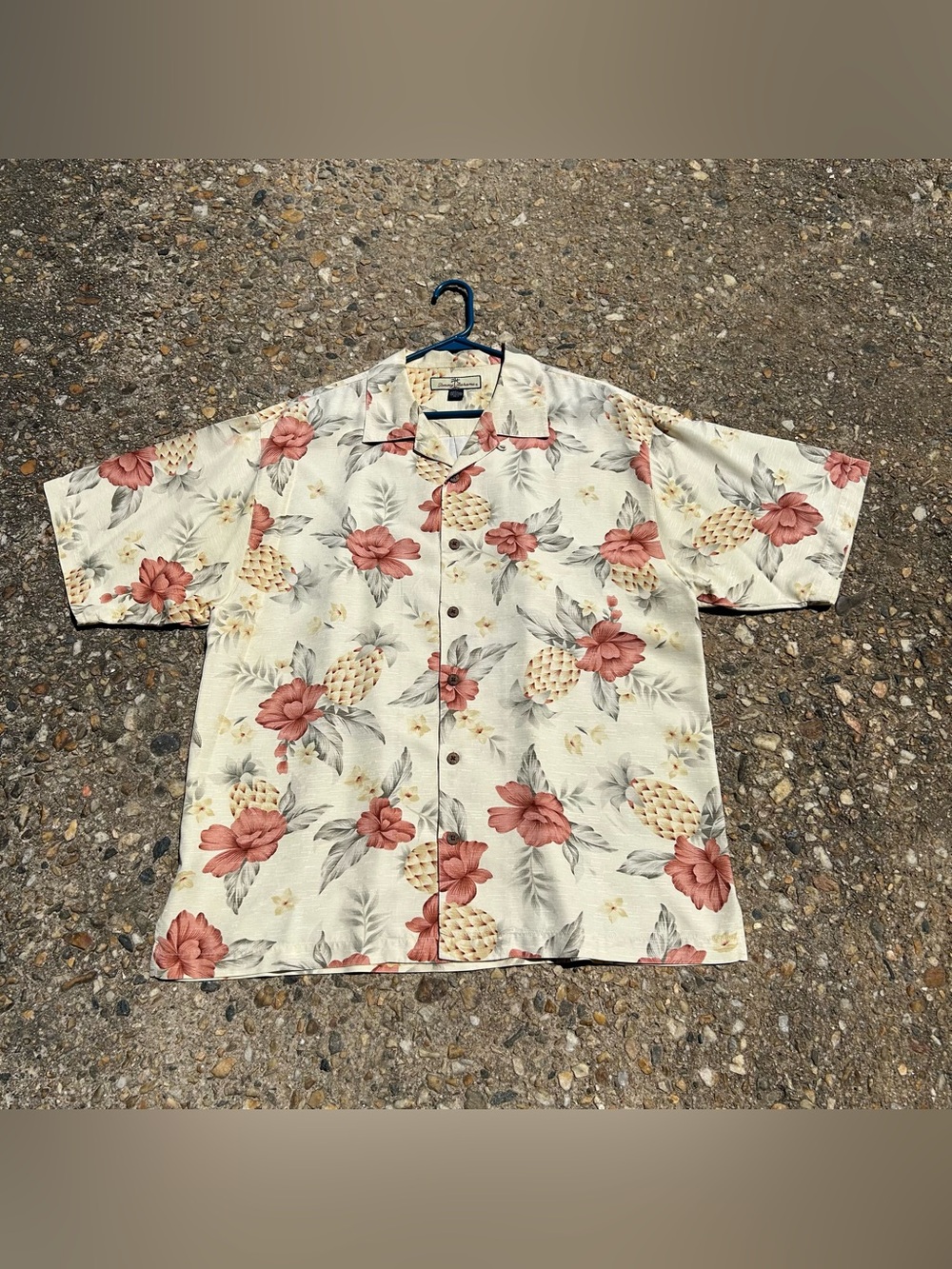 Tommy Bahama silk Cream Camp Shirt with Coral Floral & Pineapple Print
